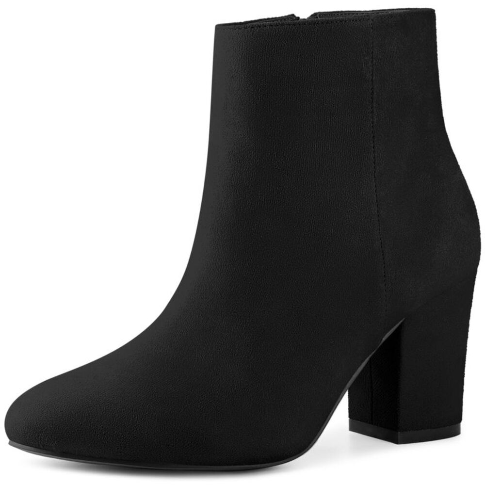 Round Toe Chunky High Heels Black Ankle Boots